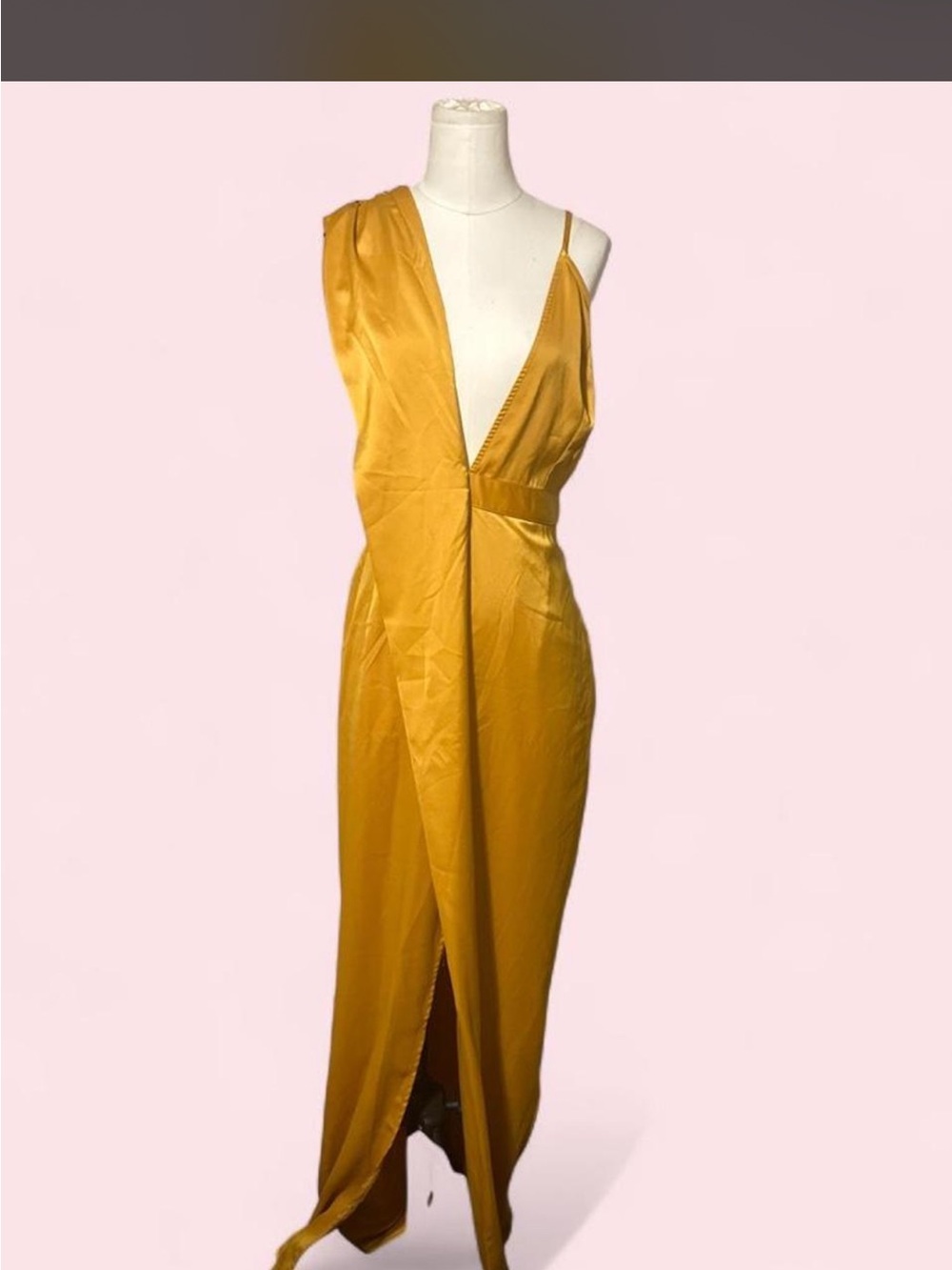 PrettyLittleThing Mustard One-Shoulder Satin Plunge Gown